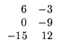 $\displaystyle \begin{array}{rr}
6&-3\\
0&-9\\
-15&12
\end{array}$