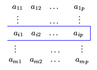 $\displaystyle \begin{array}{c}
\begin{array}{ccccc}
a_{11}&a_{12}&\ldots&&a_{...
...ots&&\ldots&&\vdots\\
a_{m1}&a_{m2}&\ldots&&a_{mp}
\end{array}
\end{array}$