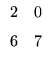 $\displaystyle \begin{array}{rr}
2&0\\ \noalign{\medskip }6&7\end{array}$