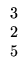 $\displaystyle \begin{array}{r}
3\\
2\\
5
\end{array}$