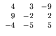 $\displaystyle \begin{array}{rrr} 4&3&-9\\ 9&-2&2
\\ -4&-5&5\end{array}$