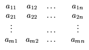 $\displaystyle \begin{array}{ccccc}
a_{11}&a_{12}&\ldots&&a_{1n}\\
a_{21}&a_{...
...a_{2n}\\
\vdots&&\ldots&&\vdots\\
a_{m1}&a_{m2}&\ldots&&a_{mn}
\end{array}$