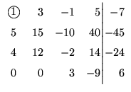 $\displaystyle \begin{array}{crrr@{\Big\vert}r}
\mbox{\large\textcircled{\norma...
...$1$}}}&3&-1&5&-7\\
5&15&-10&40&-45\\ 4&12&-2&14&-24\\ 0&0&3&-9&6
\end{array}$