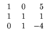 $\displaystyle \begin{array}{rrr}
1&0&5\\ 1&1&1\\
\;0&\;1&-4
\end{array}$